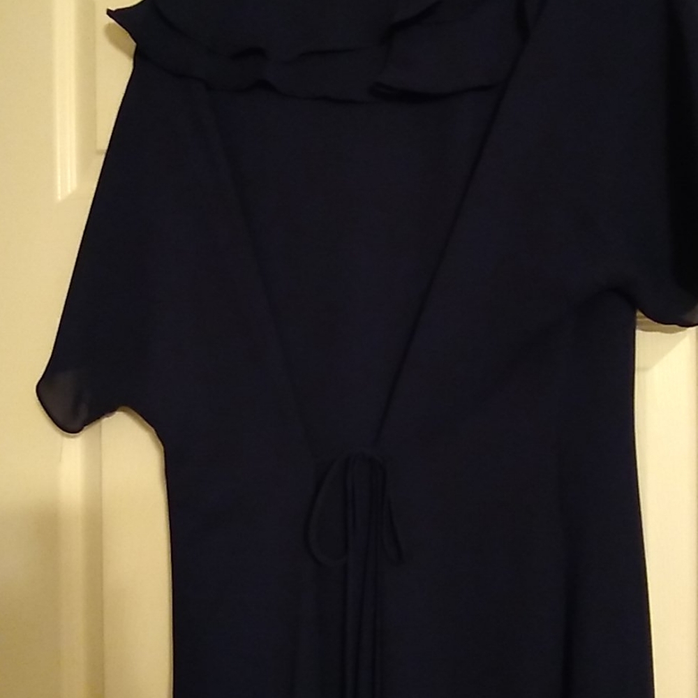 Chaus Navy button-down dress Short Sleeve tie in back Ruffle Summer Lightweight - Picture 10 of 16